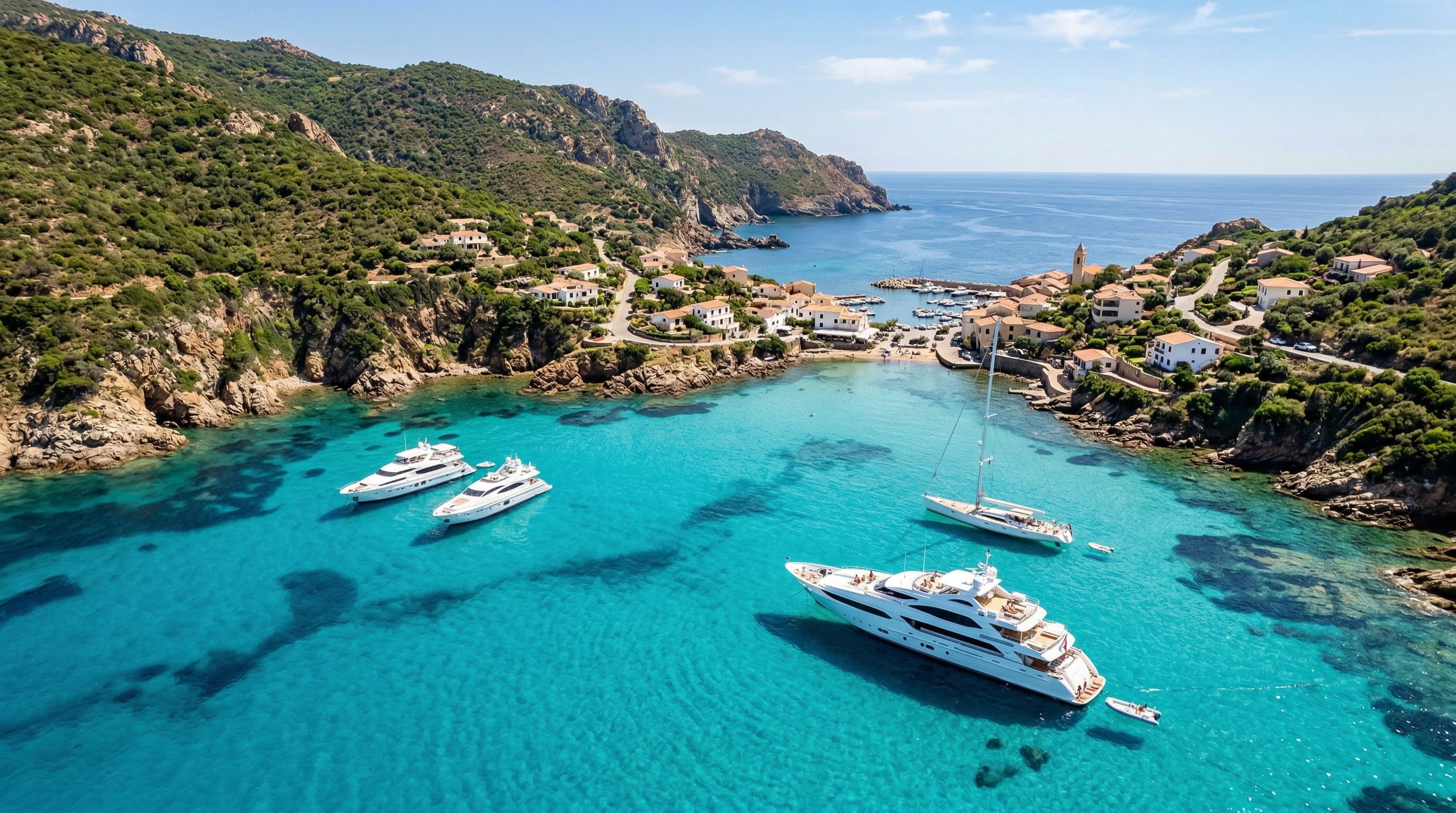 Luxury yachts anchored in a stunning Mediterranean bay with turquoise waters
