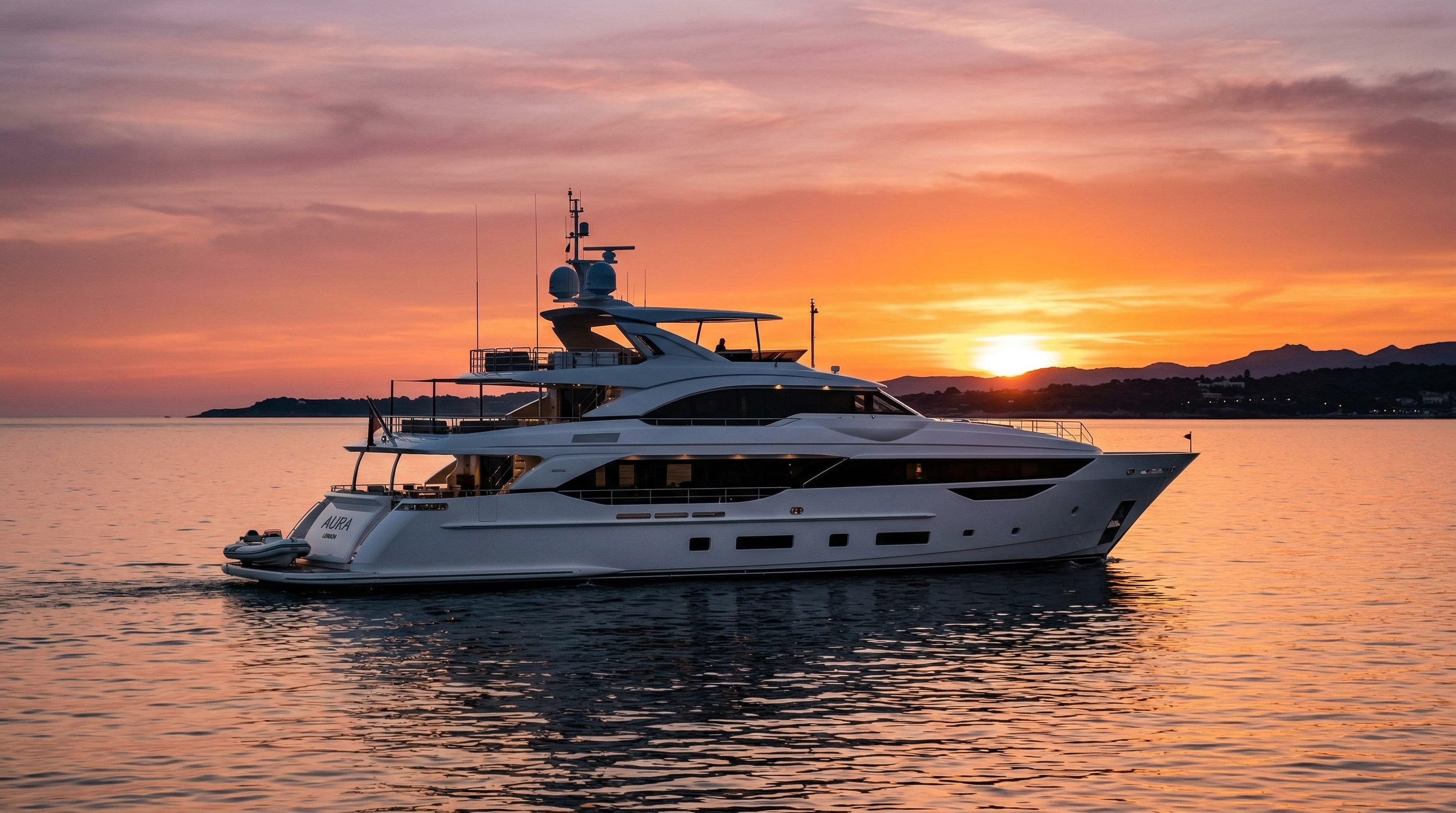 Sleek motor yacht at sunset